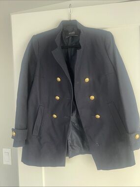 Zara Navy Double-Breasted Cotton Blend Coat with Gold Buttons
